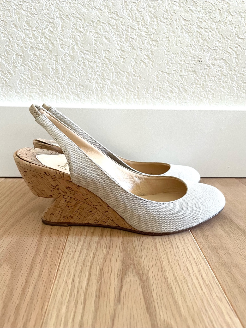 Christian Louboutin Bebe-Fusee Sculptural Canvas Cork Wedge Slingbacks 37